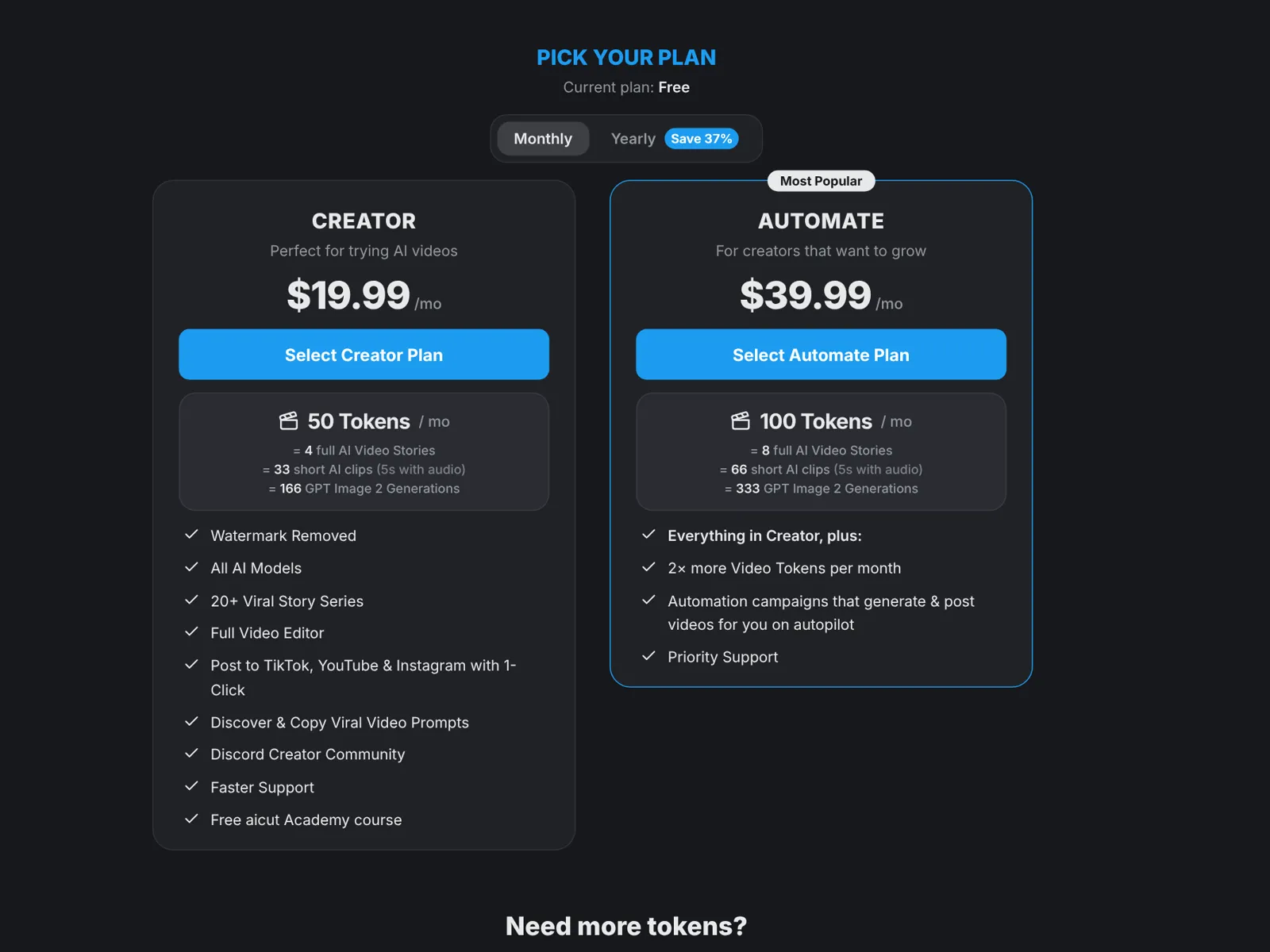 The aicut plan picker showing Creator at $19.99 for 50 tokens and Automate at $39.99 for 100 tokens