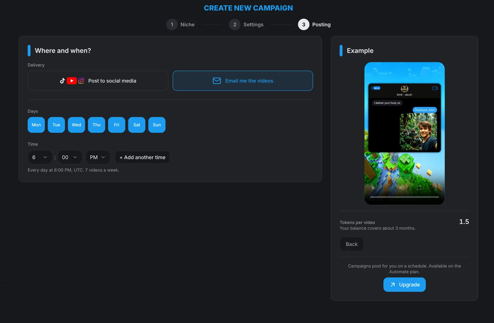 The posting step of an automation campaign with days and times