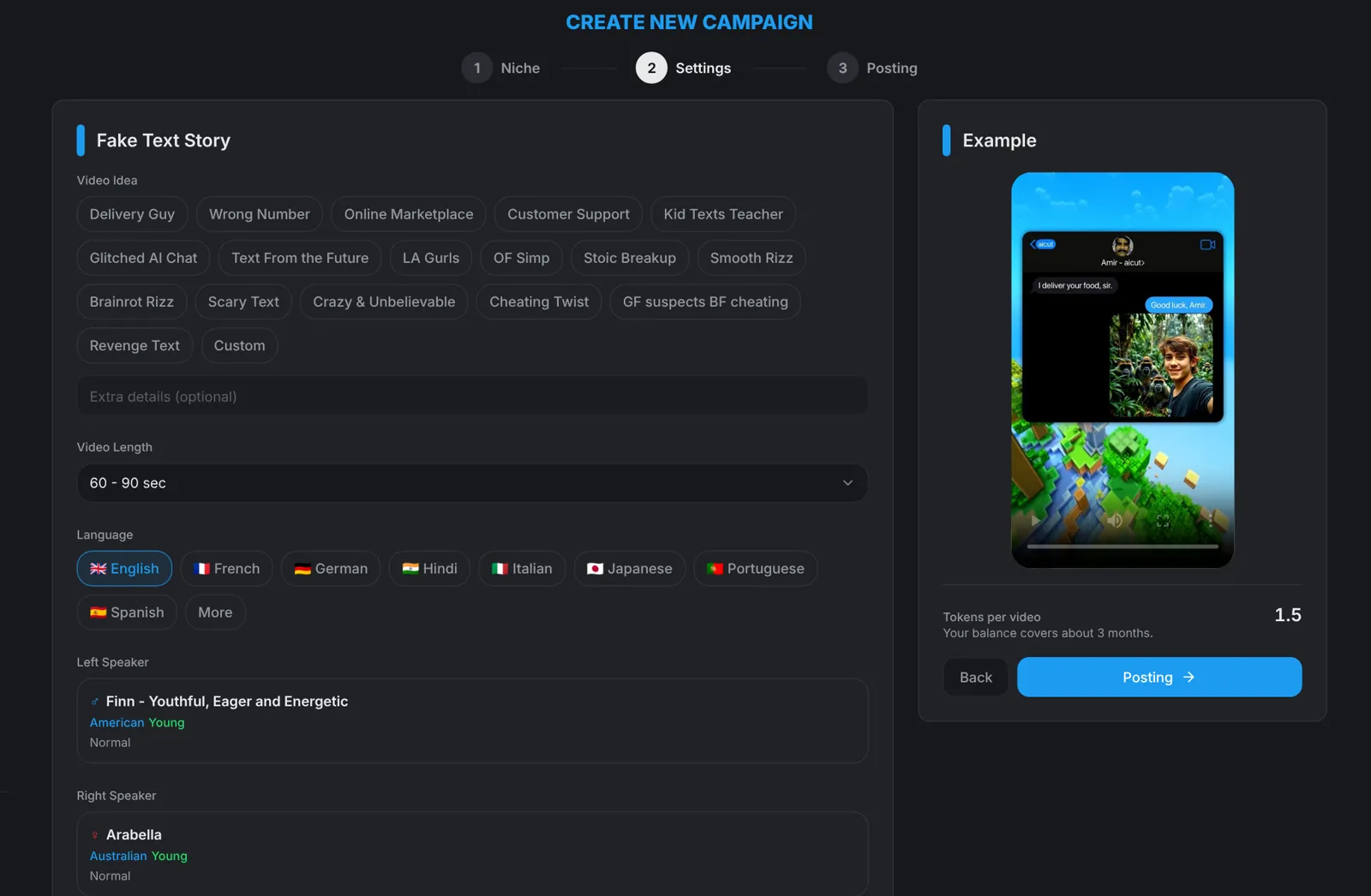 Campaign settings with story types, video length and language