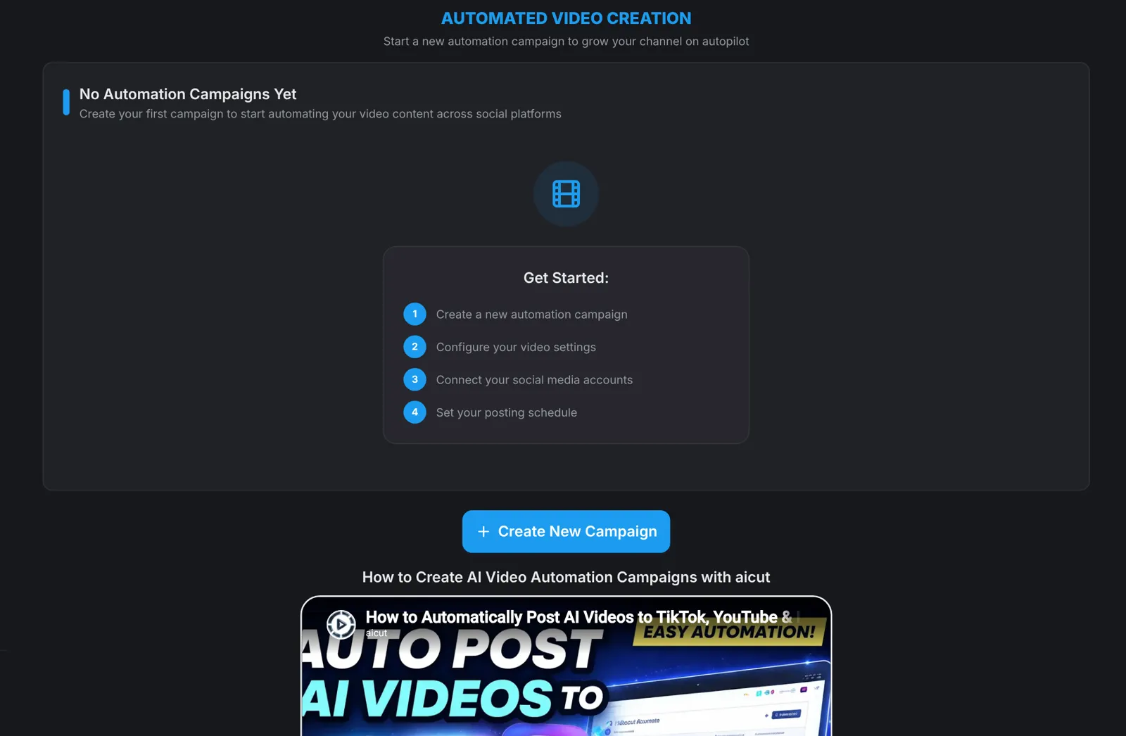 The aicut Automation page with the Get started checklist and Create New Campaign button