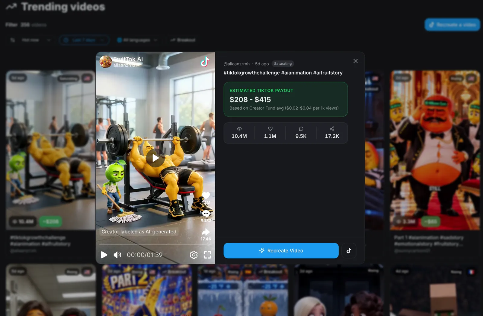 A trending video opened on the Trends page with its estimated payout and the Recreate Video button