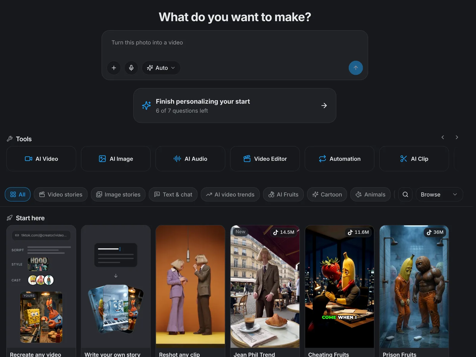 The aicut create page with the Recreate any video and Write your own story tiles