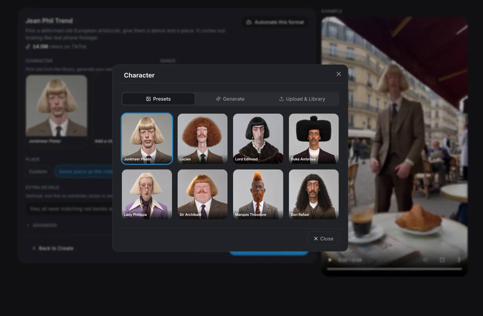 The character picker with the eight library aristocrats