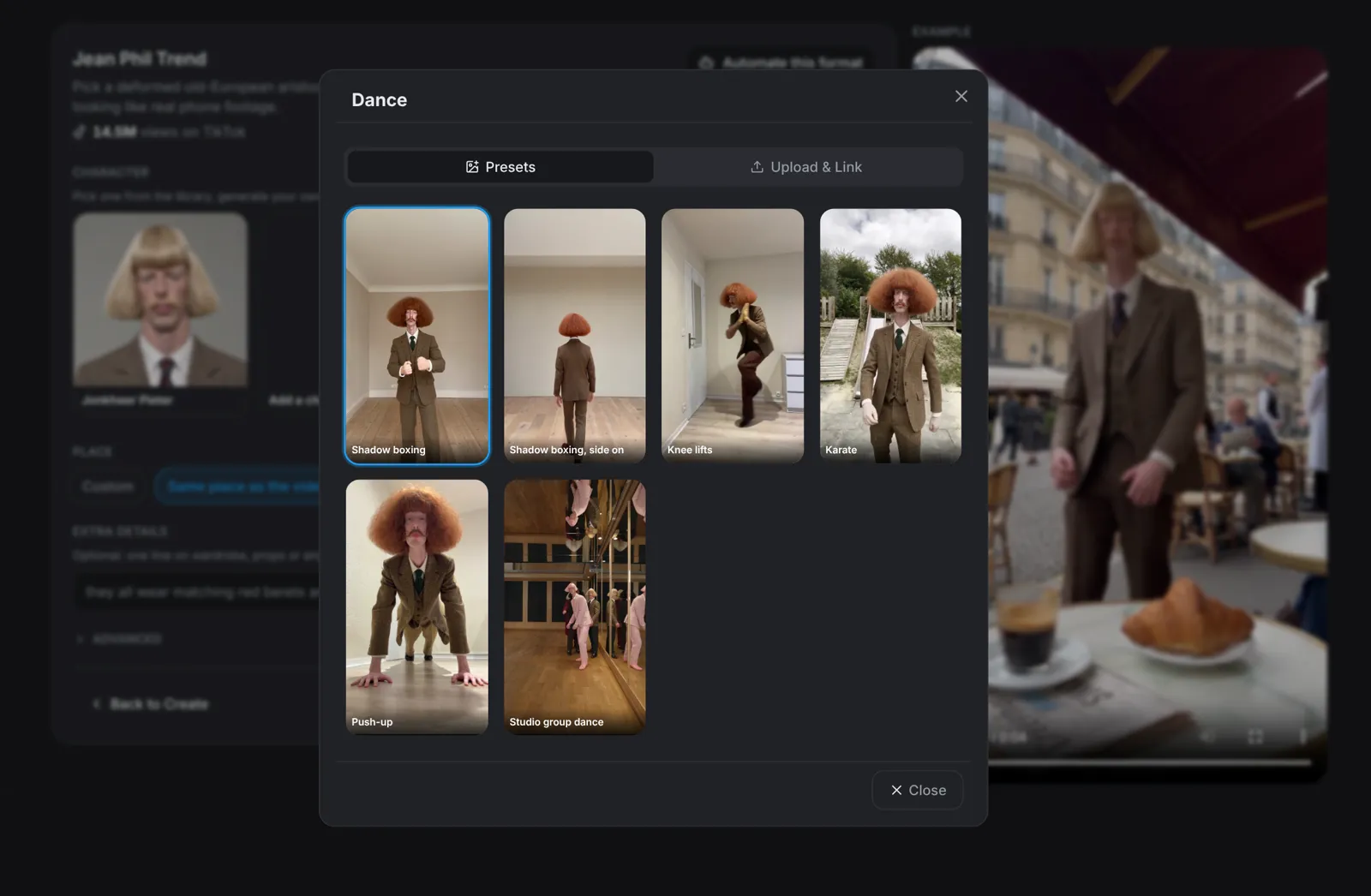 The dance picker with the six preset moves