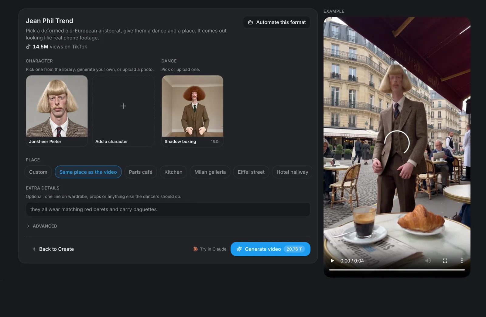 The Jean Phil Trend template on aicut with its character, dance and place fields and an example video