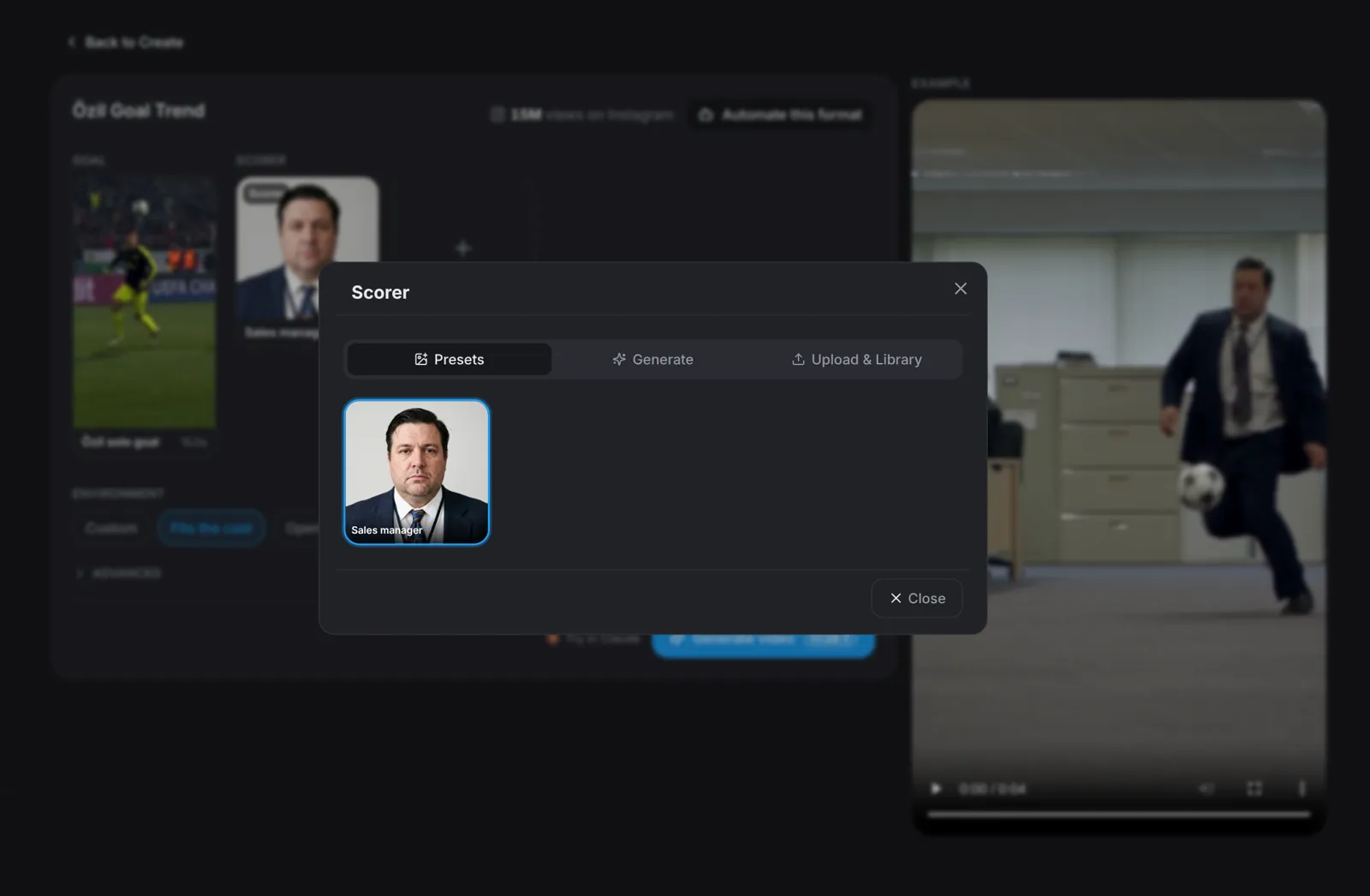 The scorer picker with the preset, generate and upload options
