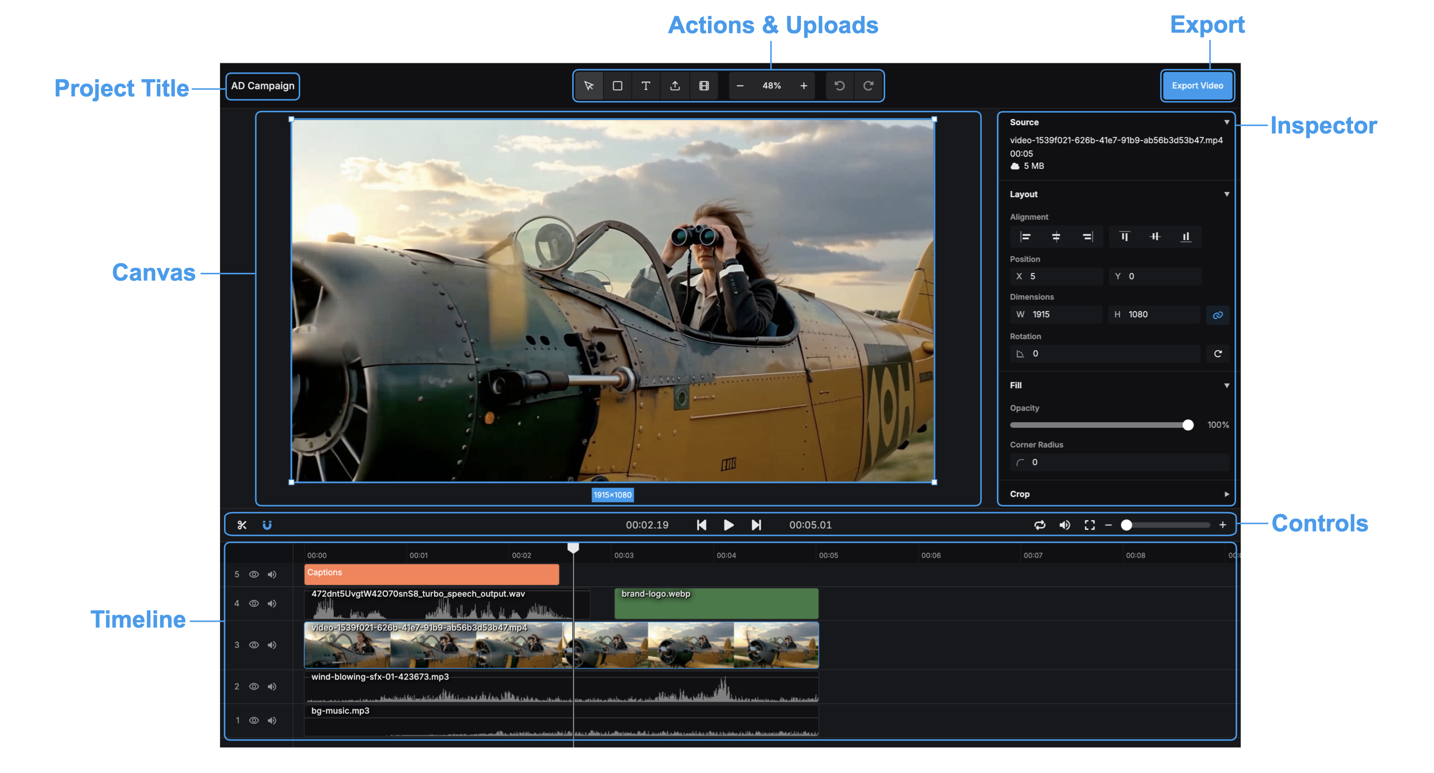 The aicut video editor open on a campaign video, showing the preview canvas, multi-track timeline with captions and audio, and the Export Video button