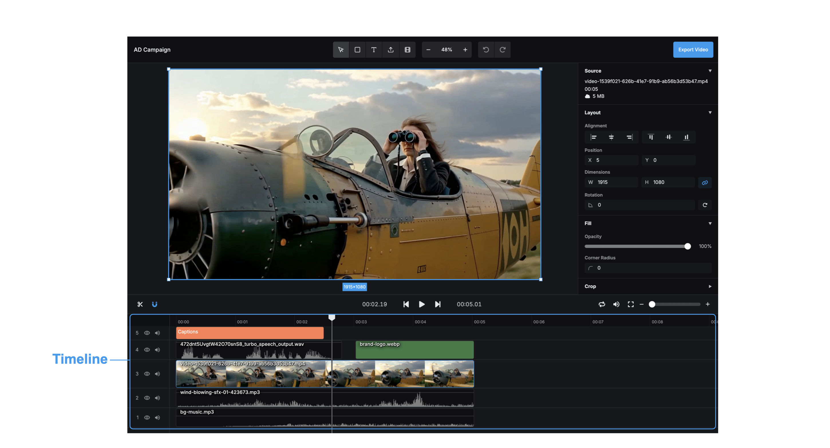 The aicut editor timeline for an automated video, with separate editable tracks for captions, voice-over, video clips, and background music